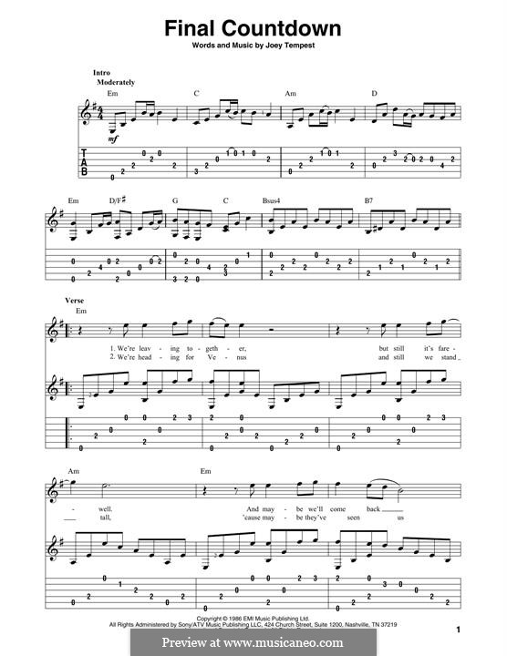 Final Countdown (Europe): For guitar by Joey Tempest