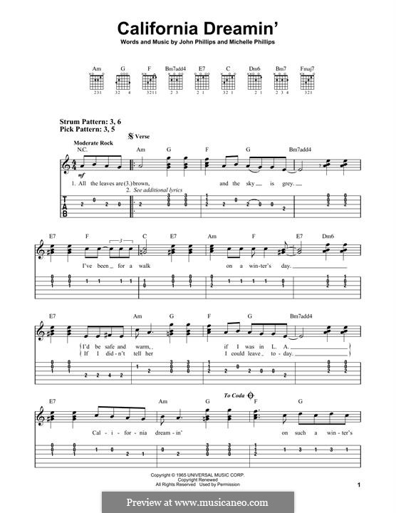 California Dreamin' (The Mamas & The Papas): For guitar by John Phillips, Michelle Phillips