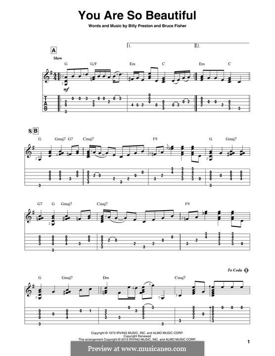 You Are So Beautiful (Joe Cocker): For guitar by Billy Preston, Bruce Fisher