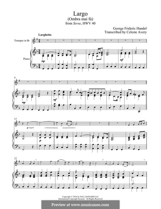 Largo (Ombra mai fu) printable score: For trumpet and piano by Georg Friedrich Händel