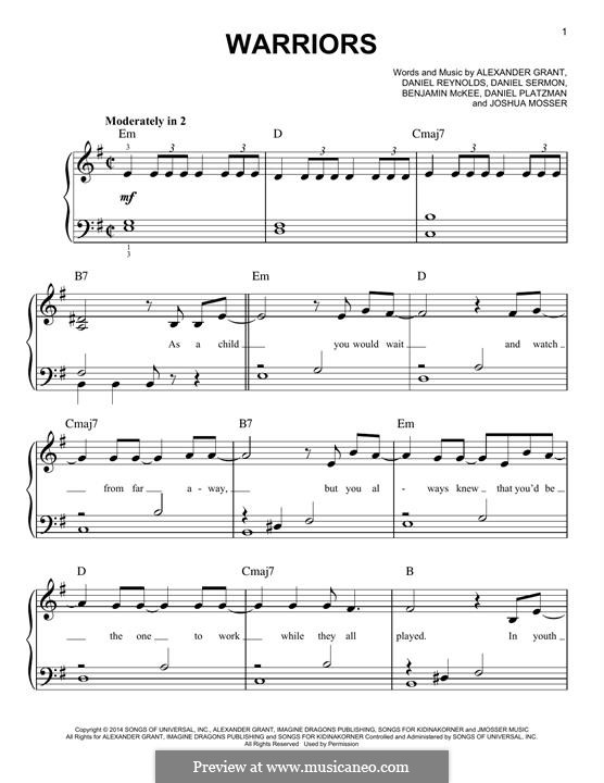 Warriors (Imagine Dragons): For easy piano by Alexander Grant, Benjamin McKee, Daniel Reynolds, Daniel Sermon, Josh Mosser, Daniel Platzman