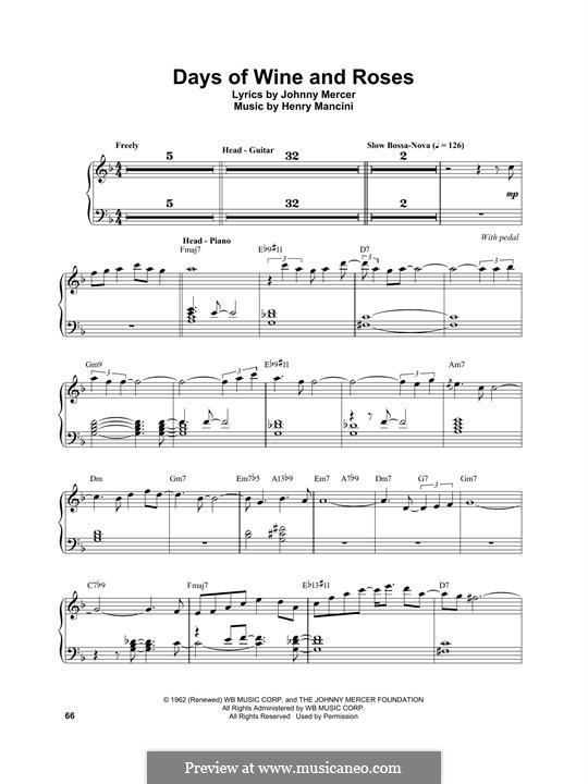 Days of Wine and Roses by V. Guaraldi sheet music on MusicaNeo