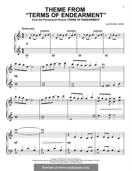 Theme from 'Terms of Endearment': For piano by Michael Gore