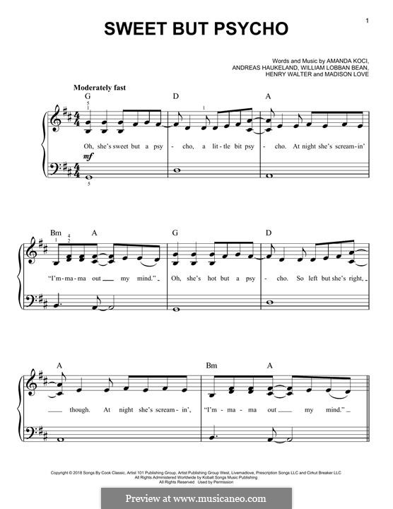 Sweet But Psycho (Ava Max): For piano by Henry Russell Walter, William Lobban-Bean, Madison Love, Andreas Haukeland, Amanda Koci