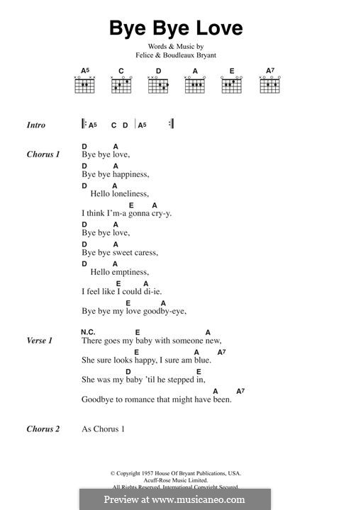 Bye Bye Love (The Everly Brothers): Lyrics and chords by Boudleaux Bryant, Felice Bryant