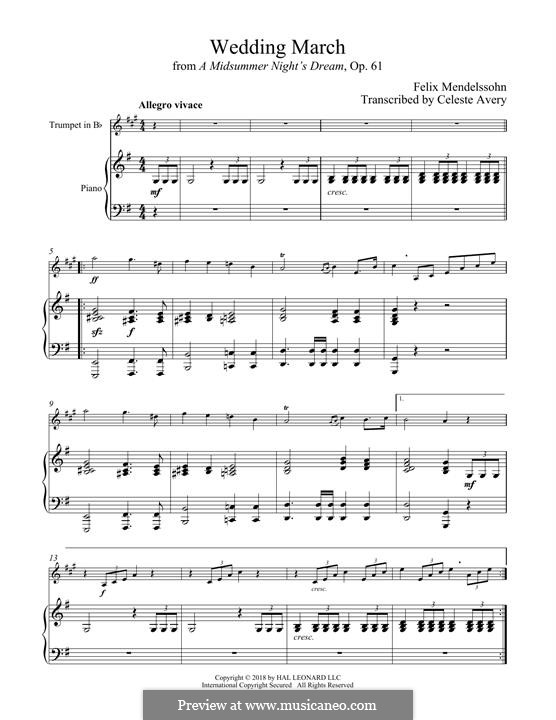 Wedding March (Printable Scores): For trumpet and piano by Felix Mendelssohn-Bartholdy