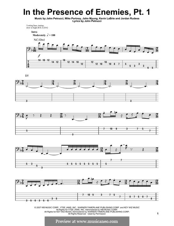 In the Presence of Enemies - Part 1 (Dream Theater): For bass guitar with tab by Mike Portnoy, John Petrucci, John Myung, Kevin LaBrie, Jordan Rudess