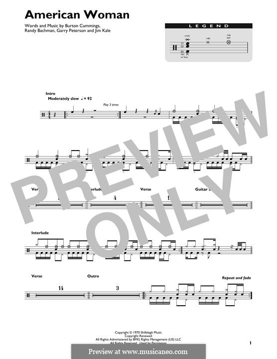 American Woman (Lenny Kravitz): Drum set by Burton Cummings, Garry Peterson, Jim Kale, Randy Bachman