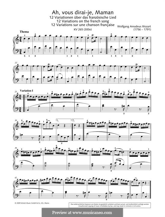 Twelve Variations on 'Ah vous dirais-je, Maman', K.265/300e: For piano by Wolfgang Amadeus Mozart