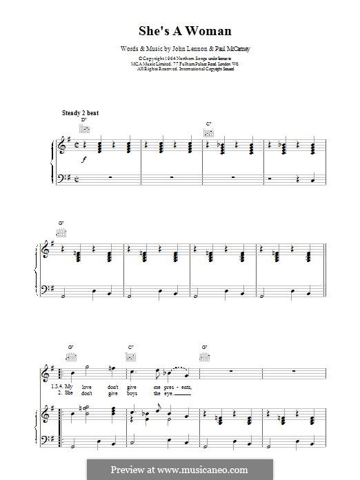 She's a Woman (The Beatles): For voice and piano (or guitar) by John Lennon, Paul McCartney