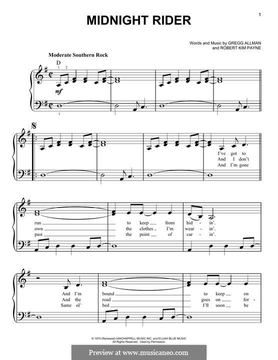 Midnight Rider (The Allman Brothers Band): For piano by Gregg Allman, Robert Kim Payne