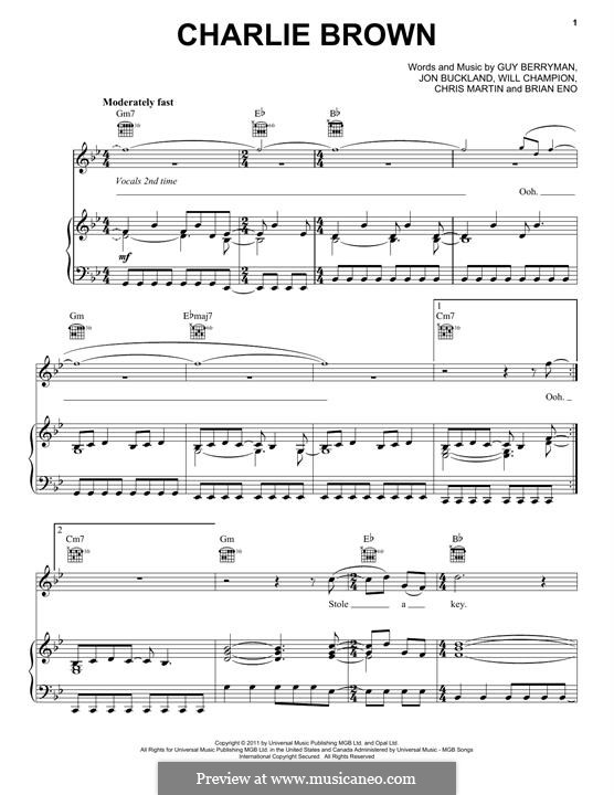 Charlie Brown (Coldplay): For voice and piano (or guitar) by Brian Eno, Chris Martin, Guy Berryman, Jonny Buckland, Will Champion