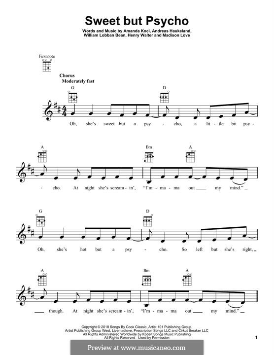 Sweet But Psycho (Ava Max): For ukulele by Henry Russell Walter, William Lobban-Bean, Madison Love, Andreas Haukeland, Amanda Koci