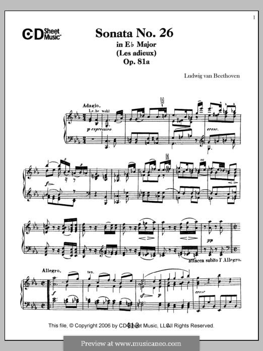 Sonata for Piano No.26 'Les Adieux-The Farewell', Op.81: For a single performer by Ludwig van Beethoven