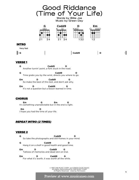 Good Riddance (Time of Your Life): Lyrics and chords by Billie Joe Armstrong, Tré Cool, Michael Pritchard