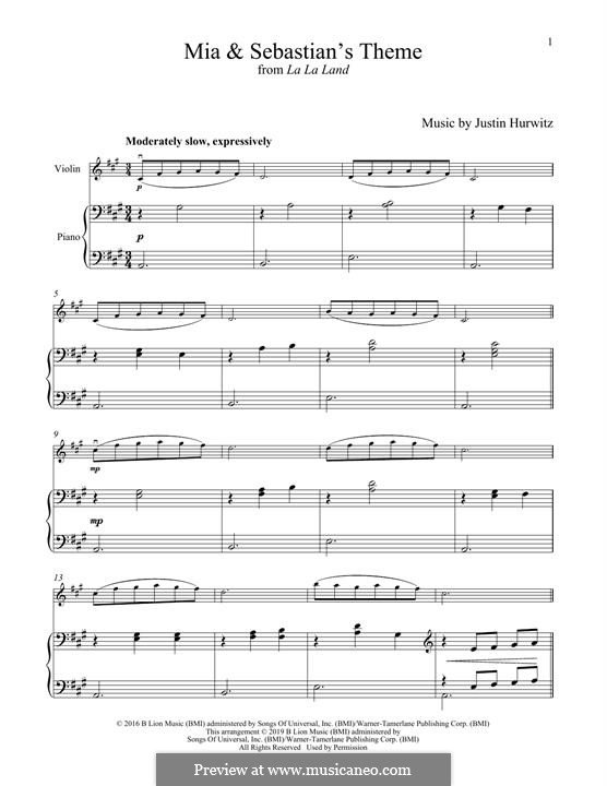 Mia and Sebastian's Theme (from La La Land): For violin and piano by Justin Hurwitz
