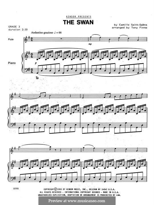 The Swan (printable scores): For flute and piano – Piano (optional) part by Camille Saint-Saëns