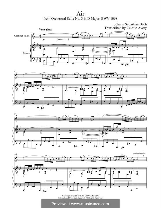 Aria (Printable Scores): Version for clarinet and piano by Johann Sebastian Bach