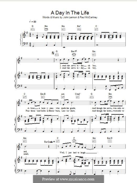 A Day in the Life (The Beatles): For voice and piano (or guitar) by John Lennon, Paul McCartney