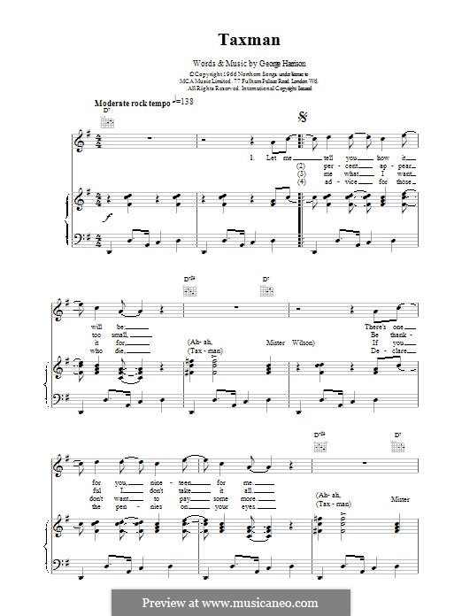 Taxman (The Beatles): For voice and piano (or guitar) by George Harrison