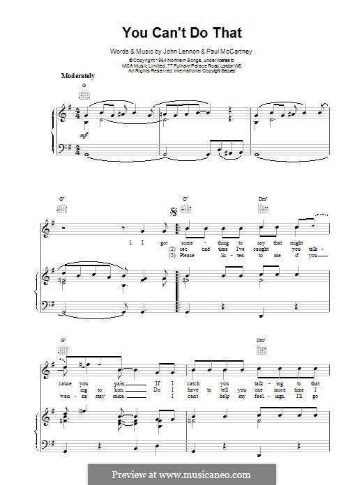You Can't Do That (The Beatles): For voice and piano (or guitar) by John Lennon, Paul McCartney