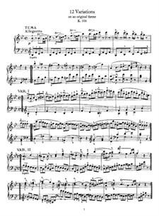 Twelve Variations on an Allegretto, K.500: For piano by Wolfgang Amadeus Mozart