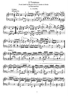 Twelve Variations on 'Je suis Lindor', K.354: For piano by Wolfgang Amadeus Mozart