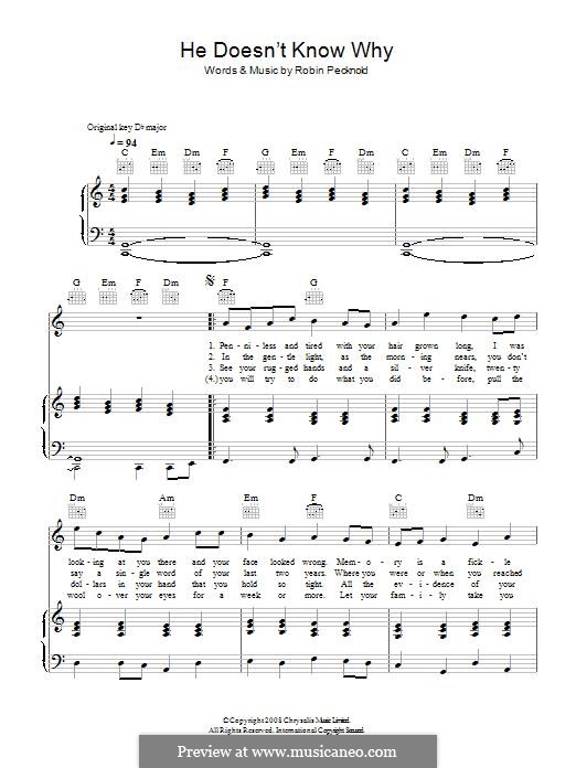 He Doesn't Know Why (Fleet Foxes): For voice and piano (or guitar) by Robin Pecknold
