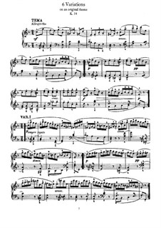 Six Variations on Original Theme, K.54: For piano by Wolfgang Amadeus Mozart