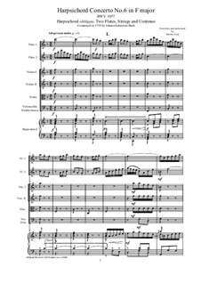 Concerto for Harpsichord, Two Flutes and Strings No.6 in F Major, BWV 1057: Full score, parts by Johann Sebastian Bach
