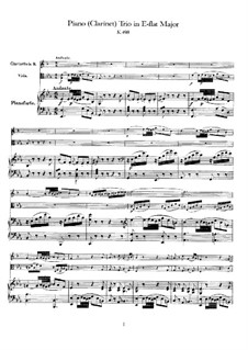 Trio for Clarinet, Viola (or Violin) and Piano in E Flat Major 'Kegelstatt', K.498: Full score by Wolfgang Amadeus Mozart