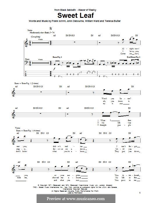 Sweet Leaf (Black Sabbath): For bass guitar with tab by Geezer Butler, Ozzy Osbourne, Tony Iommi, Bill Ward