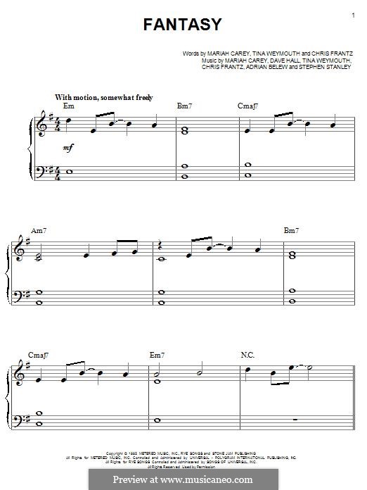 Fantasy (Mariah Carey): For piano by Adrian Belew, Christopher Frantz, Dave Hall, Mariah Carey, Tina Weymouth, Steven Stanley