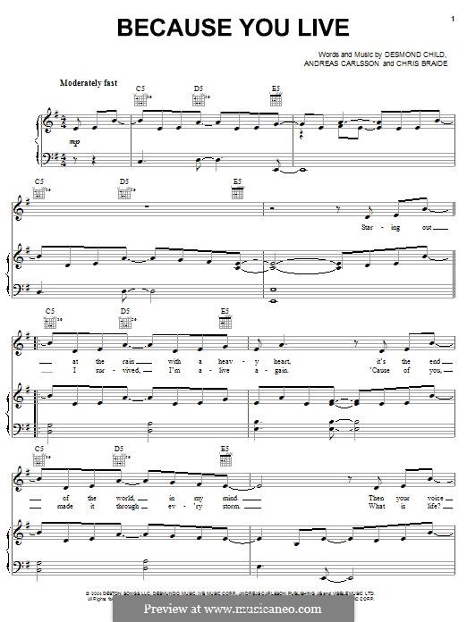 Because You Live (Jesse McCartney): For voice and piano (or guitar) by Andreas Carlsson, Chris Braide, Desmond Child