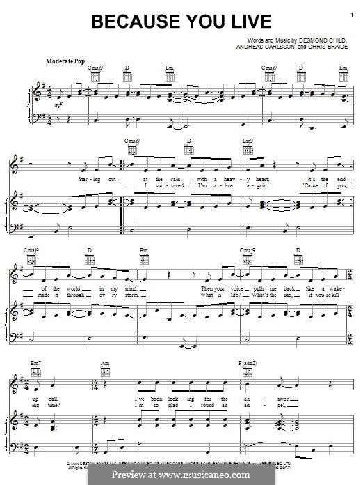 Because You Live (Jesse McCartney): For voice and piano (or guitar) by Andreas Carlsson, Chris Braide, Desmond Child