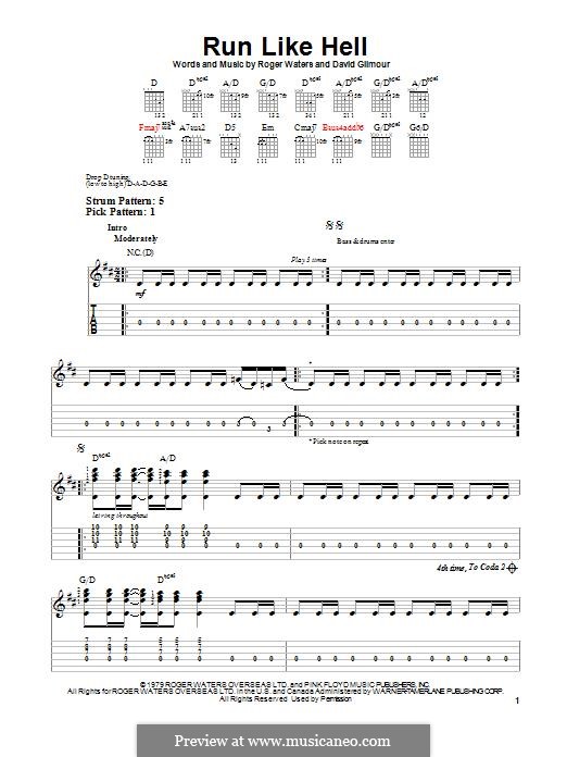 Run Like Hell (Pink Floyd): For guitar by David Gilmour, Roger Waters