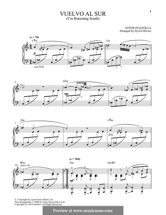 Vuelvo Al Sur: For piano by Astor Piazzolla