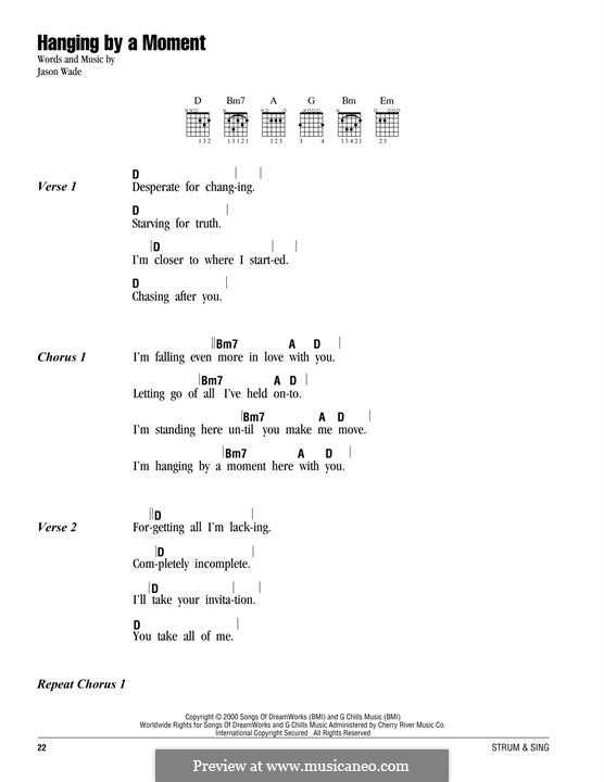 Hanging By a Moment (Lifehouse): For guitar by Jason Wade