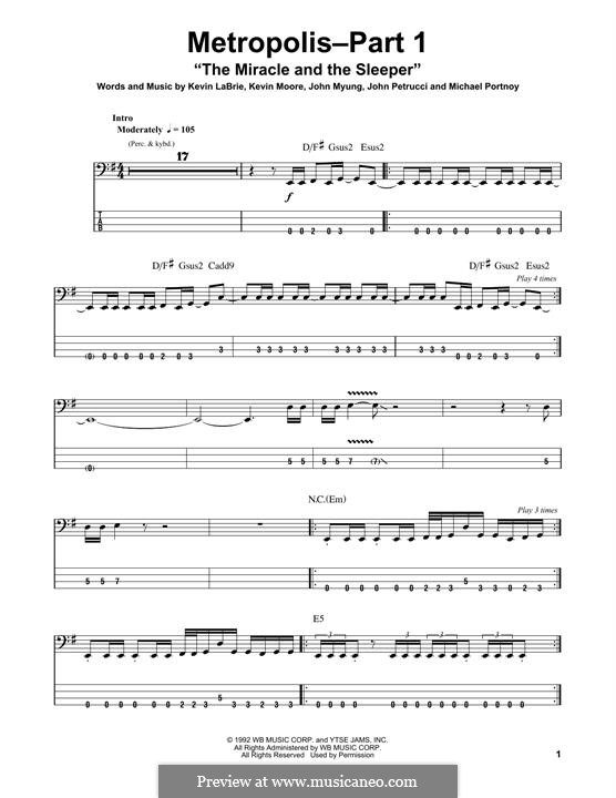 Metropolis-Part 1 'The Miracle and The Sleeper' (Dream Theater): For bass guitar by Mike Portnoy, John Petrucci, John Myung, Kevin LaBrie, Kevin Moore