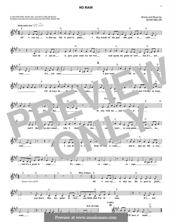 No Rain (Blind Melon): For keyboard by Brad Smith, Christopher Thorn, Glen Graham, Roger Stevens, Shannon Hoon