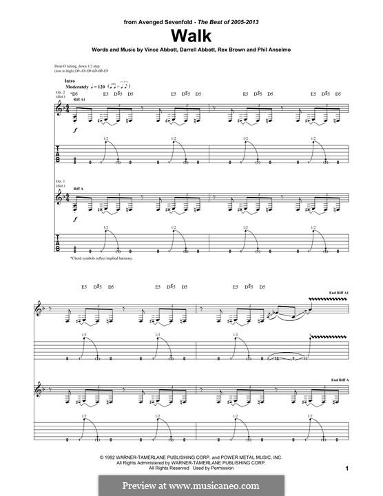Walk (Pantera): For guitar (Avenged Sevenfold) by Vince Abbott, Darrell Abbott, Rex Brown, Phill Anselmo