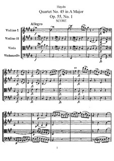 String Quartet No.45 in A Major, Hob.III/60 Op.55 No.1: Full score, parts by Joseph Haydn