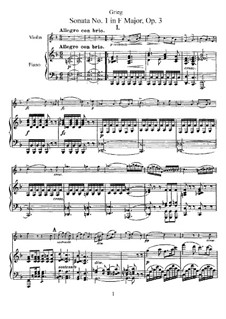 Sonata for Violin and Piano No.1 in F Major, Op.8: Score, solo part by Edvard Grieg