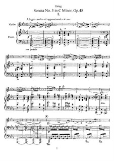 Sonata for Violin and Piano No.3 in C Minor, Op.45: Score, solo part by Edvard Grieg