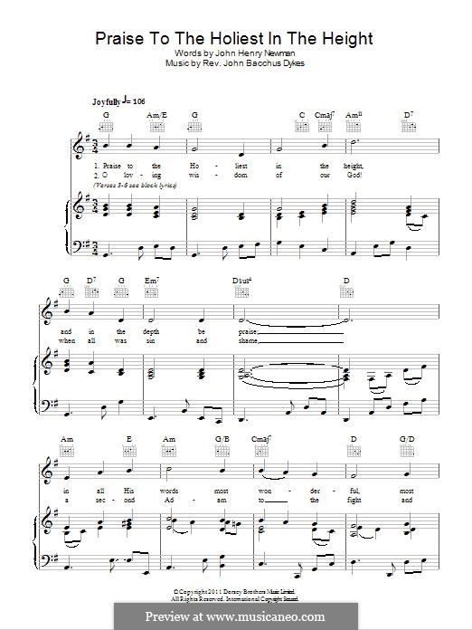 Praise to the Holiest in the Heights: For voice and piano (or guitar) by John Bacchus Dykes
