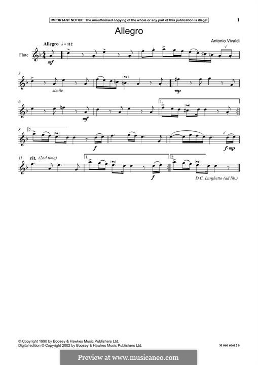 Violin Concerto No.1 in E Major 'La primavera' (Printable Scores), RV 269: Movement 1 Allegro, for flute by Antonio Vivaldi