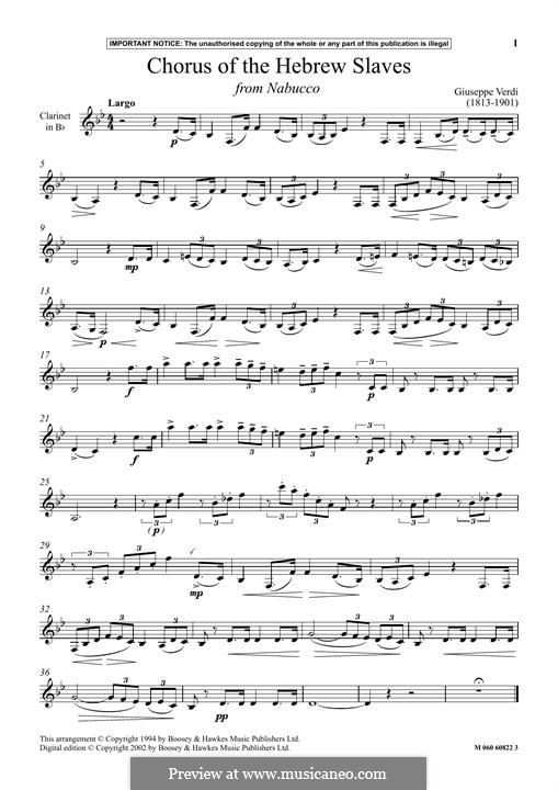 Va' Pensiero (Chorus of the Hebrew Slaves): For clarinet by Giuseppe Verdi