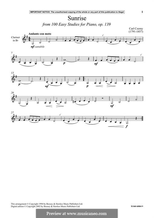 Etudes, Op.139: Sunrise, for clarinet by Carl Czerny
