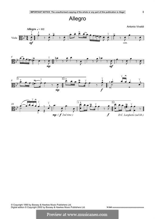 Violin Concerto No.1 in E Major 'La primavera' (Printable Scores), RV 269: Movement 1 Allegro, for piano by Antonio Vivaldi