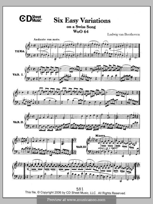 Six Easy Variations on Swiss Song for Piano, WoO 64: For a single performer by Ludwig van Beethoven